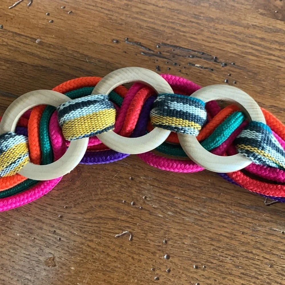 Prima Collezione Vintage Woven Fabric Wooden Rings Stretch Belt Multi-color Pink